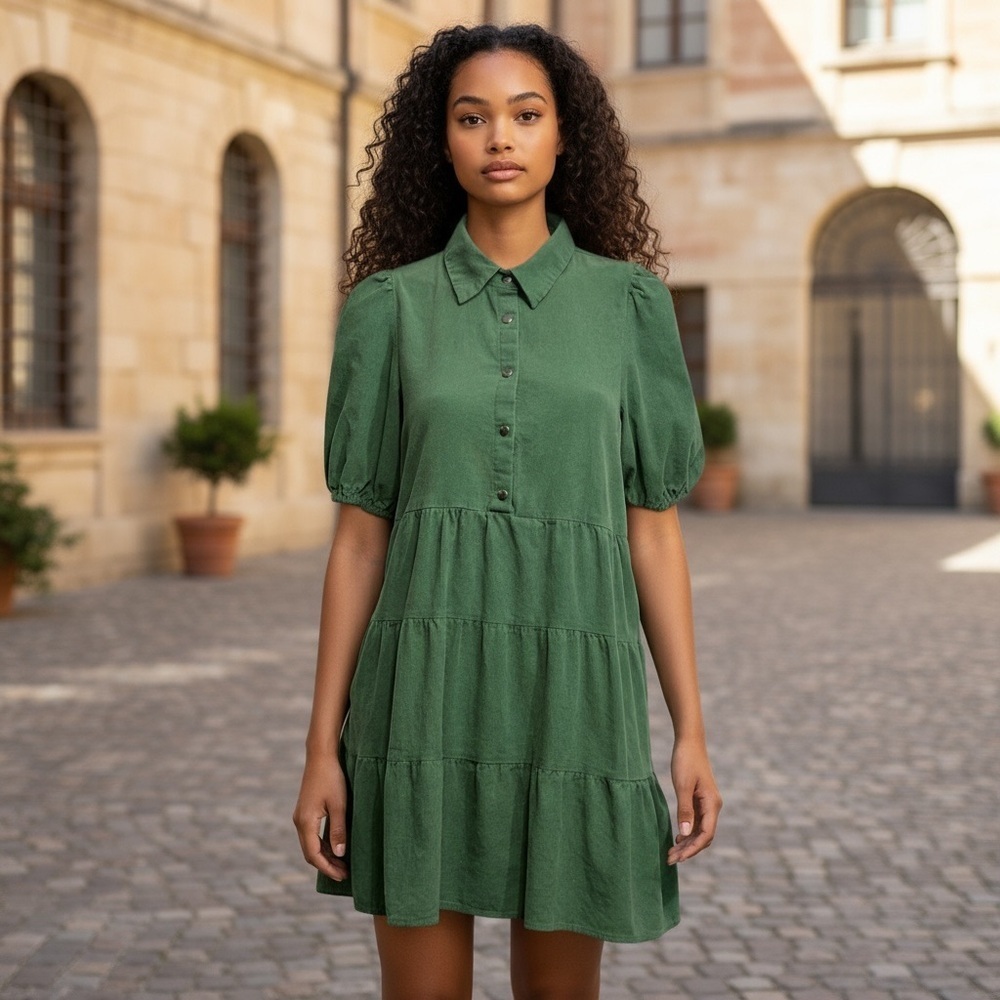 Baevely Pearl Snaps Mini Dress Puff Sleeves - Green Sz M